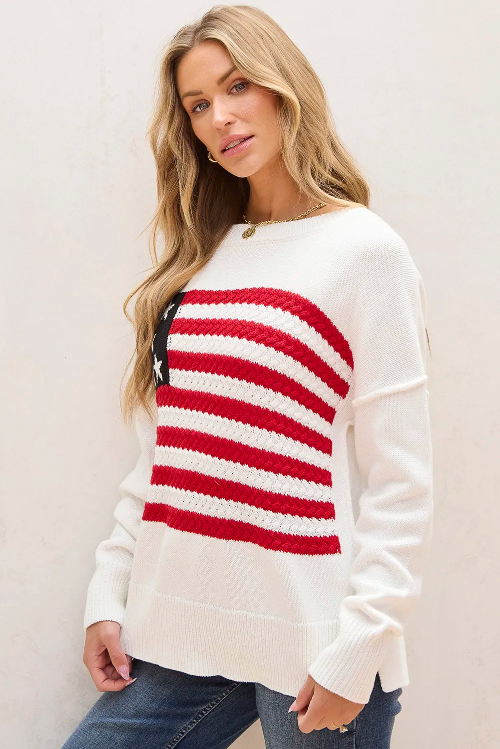 US Flag Round Neck Long Sleeve Knit Top