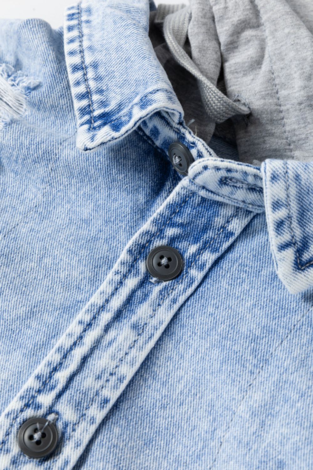 Distressed Button Up Hooded Denim Jacket with Pockets